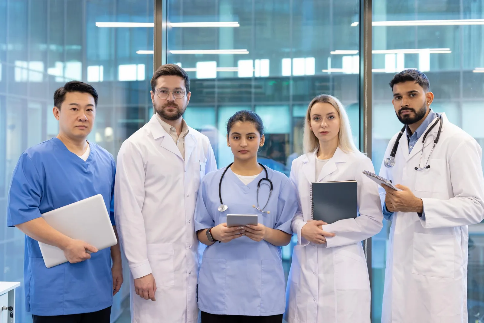 Physicians walking through a hospital corridor between rounds